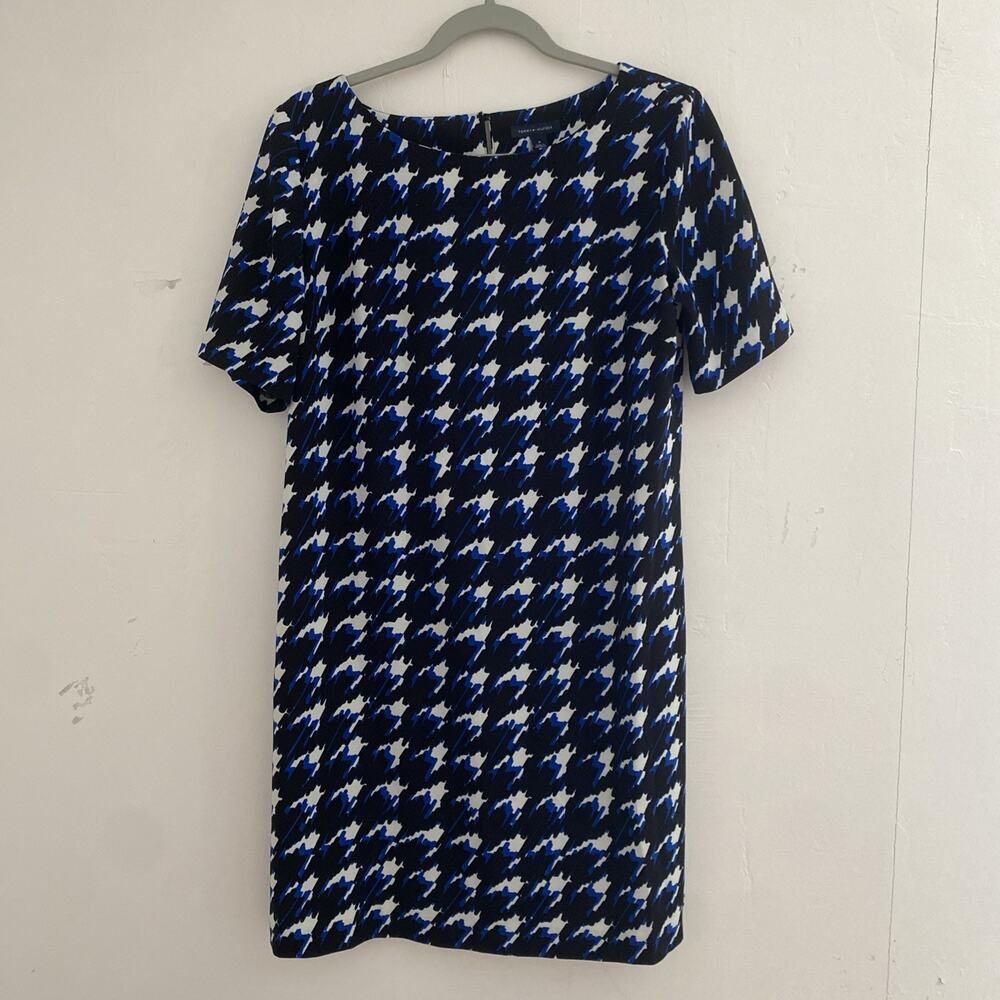 Tommy Hilfiger Dress Womens 8 Sheath Houndstooth Blue Black SS Career Colorful